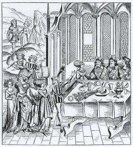 Banquete de Estado - sirviendo el pavo real, después de un grabado en una edición de Virgilio, publicado en Lyon, 1517 de French School